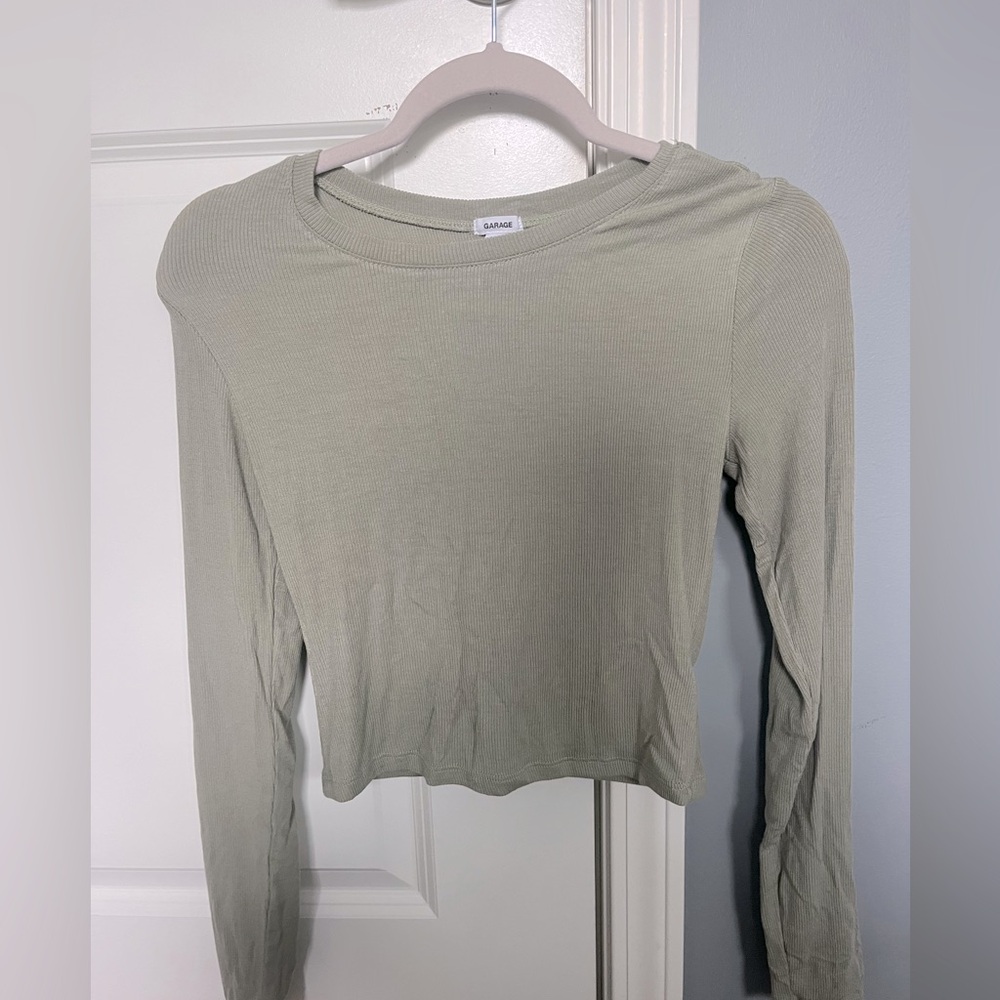 Garage Sage Green Ribbed Long Sleeve Top
